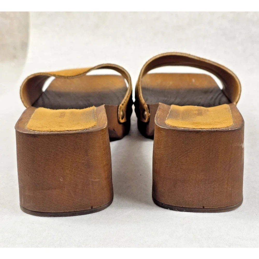 Vintage 90s Charles David Brown Suede Wood Platform Mules Clogs Sz 40 Made italy